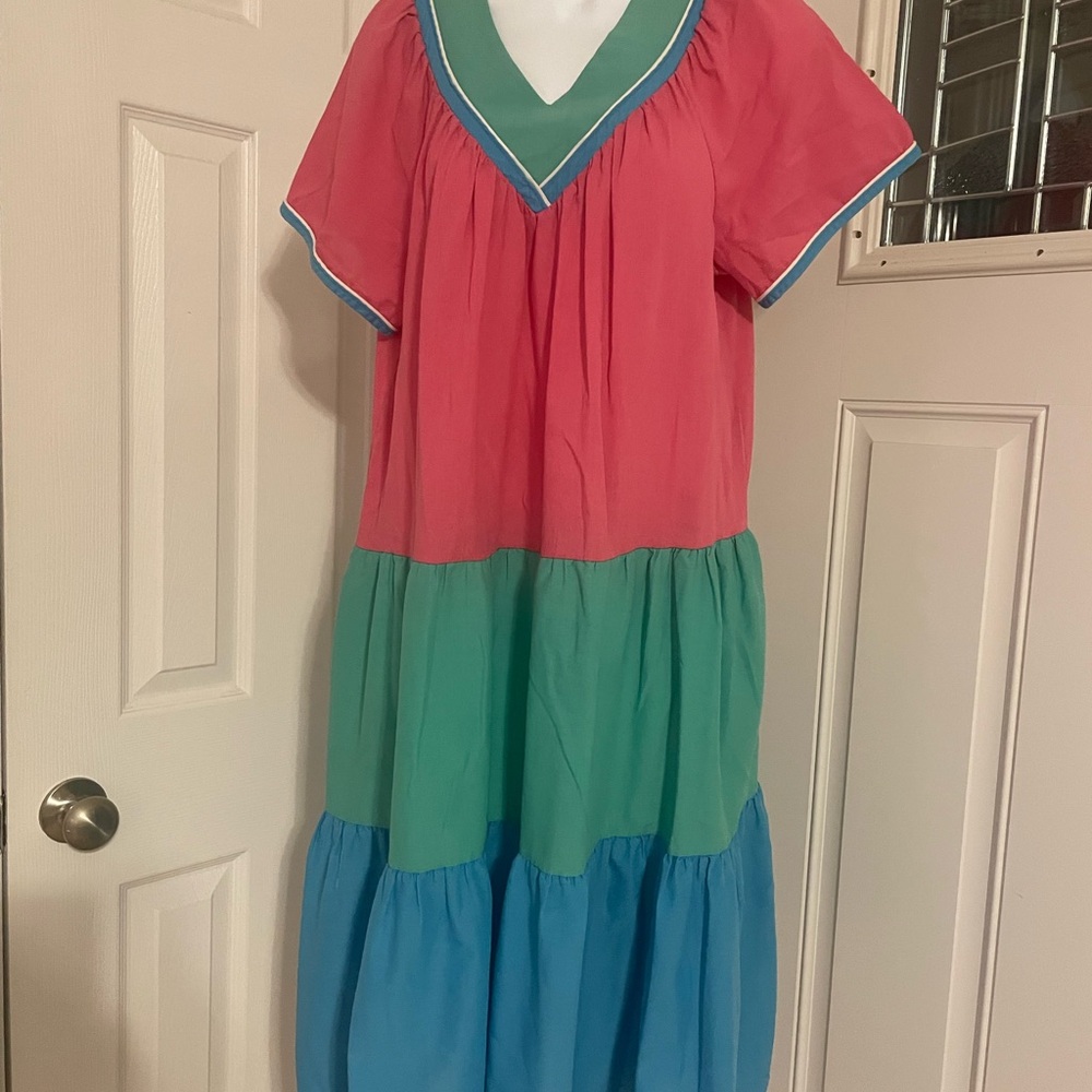 Vintage Day In Day Out Colorblock Tiered Dress Pink Green Blue | SM 8/10